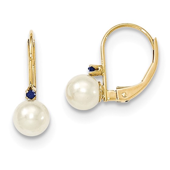 14k 5-5.5 mm White Pearl & .03ct. Sapphire Leverback Earrings 14k 5-5.5 mm White Pearl & .03ct. Sapphire Leverback Earrings